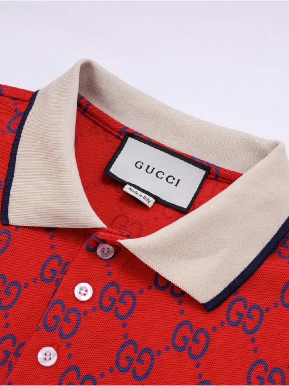 Gucci Red Polo with Navy GG Monogram and Cream Contrast Collar - Picture 3 of 5